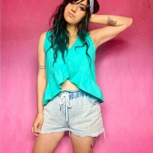 80s Teal Green Cropped Sleeves Ruffle Blouse / Top / Paco Eligio / Cotton